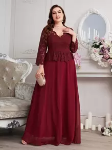 SHEIN Belle Burgundy Red Plus Contrast Eyelash Lace Ruffle Trim Chiffon Formal Bridesmaid Dress - Burgundy - View 7