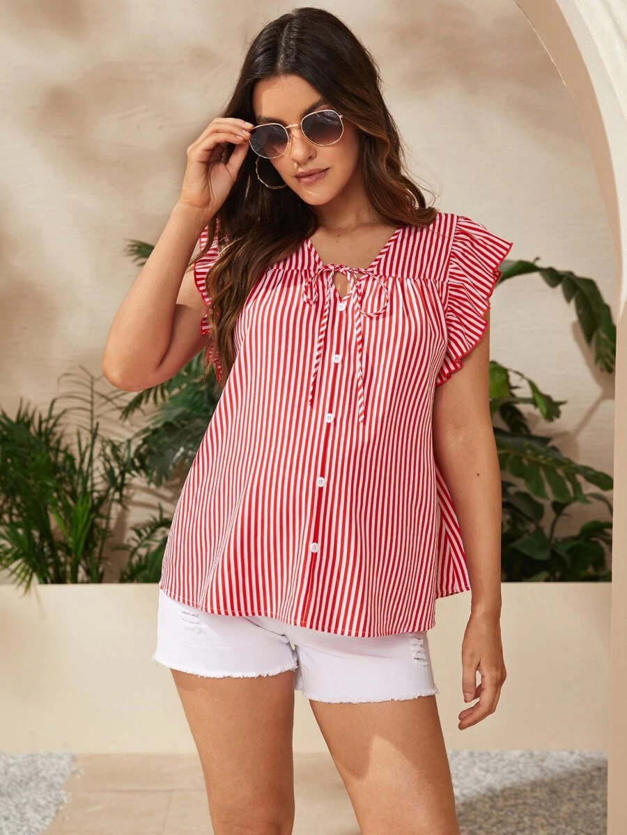 SHEIN Maternity Vertical Striped Ruffle Sleeve Knot Front Blouse - Red and White - View 1