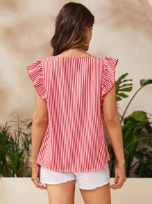 SHEIN Maternity Vertical Striped Ruffle Sleeve Knot Front Blouse - Red and White - View 2