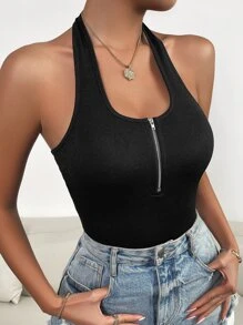 SHEIN LUNE Áo hai dây Lộ Lưng Dây kéo màu trơn Gợi cảm - màu đen - Xem 3