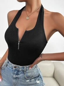 SHEIN LUNE Áo hai dây Lộ Lưng Dây kéo màu trơn Gợi cảm - màu đen - Xem 6