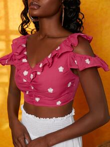 SHEIN Unity 花卉刺繡挖肩褶邊荷葉邊短款上衣 - 玫紅色 - 查看 3