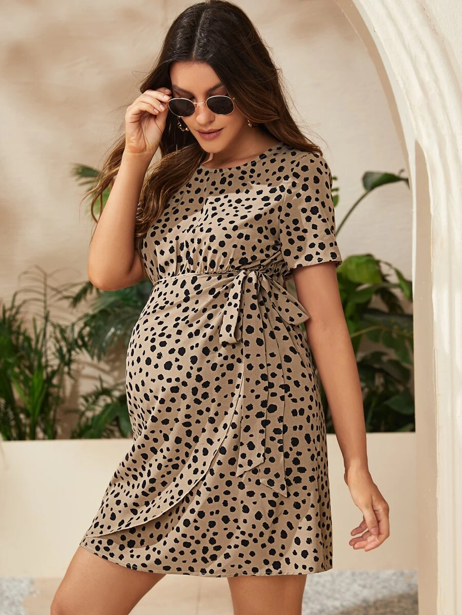 SHEIN Váy Bà bầu Thắt nút Tất cả trên in Boho - Màu Khaki - Xem 1