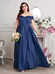 SHEIN Belle 大碼一字肩褶皺超長正式連衣裙 - 寶藍色 - 查看 1