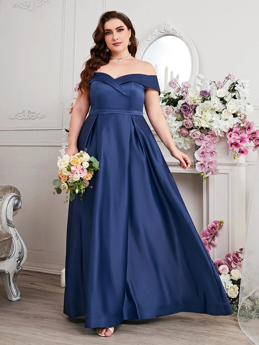 SHEIN Belle 大碼一字肩褶皺超長正式連衣裙 - 寶藍色 - 查看 1