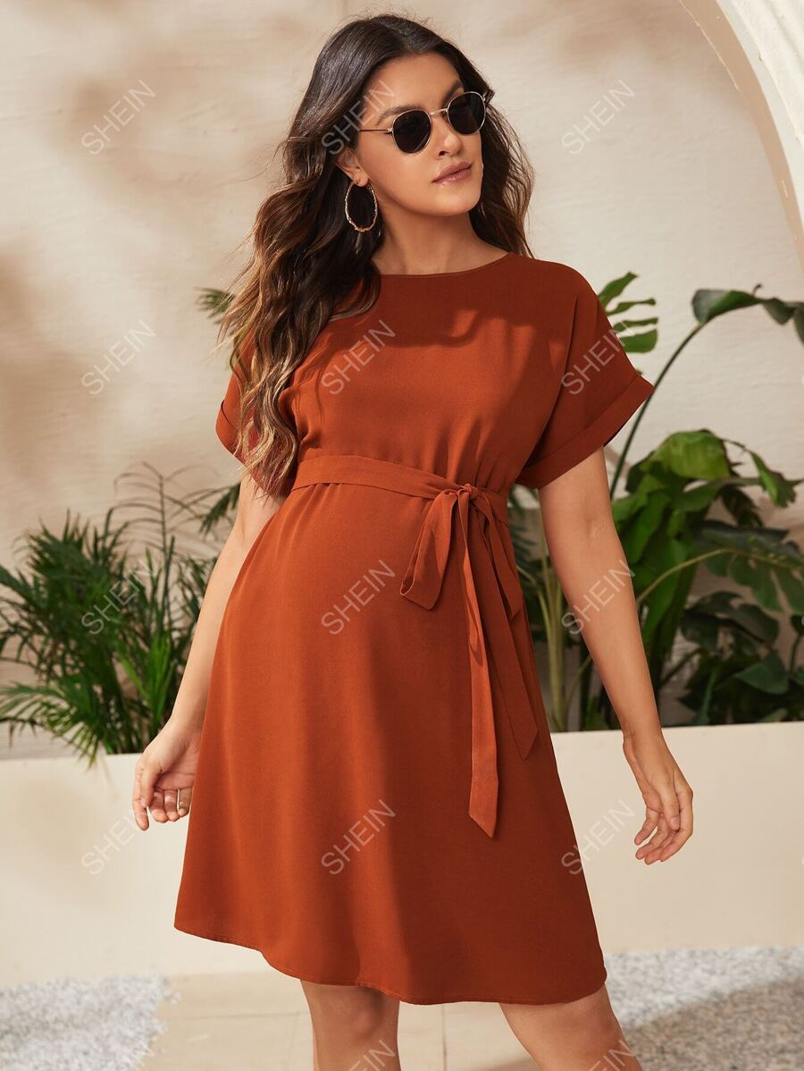 SHEIN Maternidad Vestido con cinturón de manga murciélago