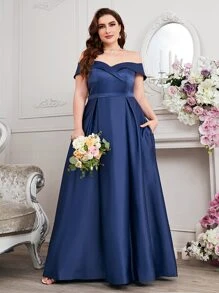 SHEIN Belle 大碼一字肩褶皺超長正式連衣裙 - 寶藍色 - 查看 3