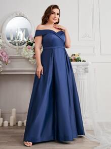 SHEIN Belle 大碼一字肩褶皺超長正式連衣裙 - 寶藍色 - 查看 5