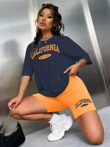 SHEIN Unity 字母圖案落肩T恤和騎行褲