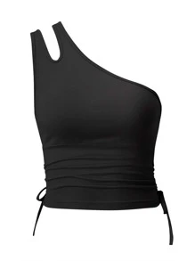 SHEIN EZwear Plus One Shoulder Drawstring Side Crop Top - Black - View 1