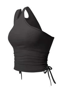 SHEIN EZwear Plus One Shoulder Drawstring Side Crop Top - Black - View 3