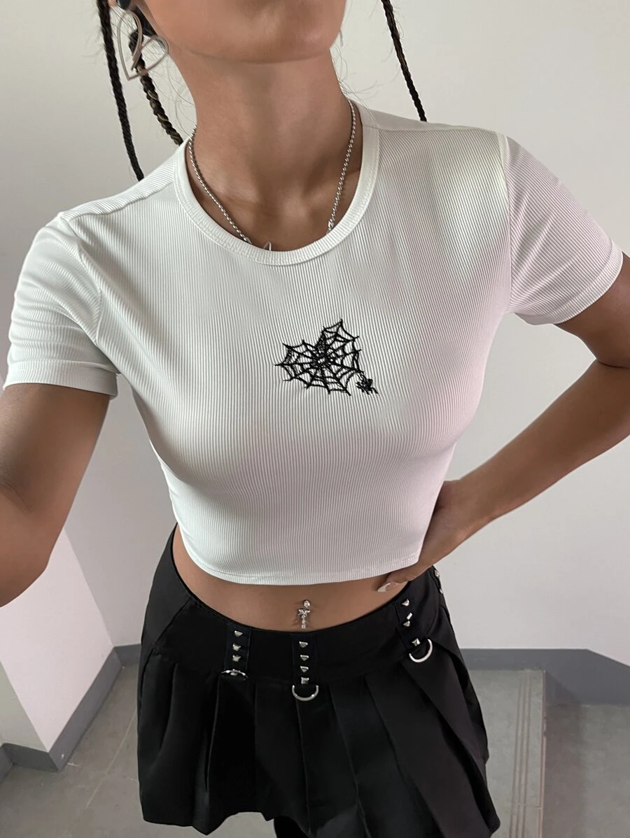 SHEIN ICON Spiderweb Embroidered Ribbed Knit Crop Tee - White - View 1