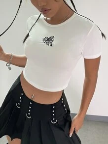 SHEIN ICON Spiderweb Embroidered Ribbed Knit Crop Tee - White - View 4