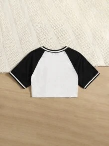 SHEIN Teen Girls Letter Graphic Striped Trim Raglan Sleeve Tee - Black and White - View 2