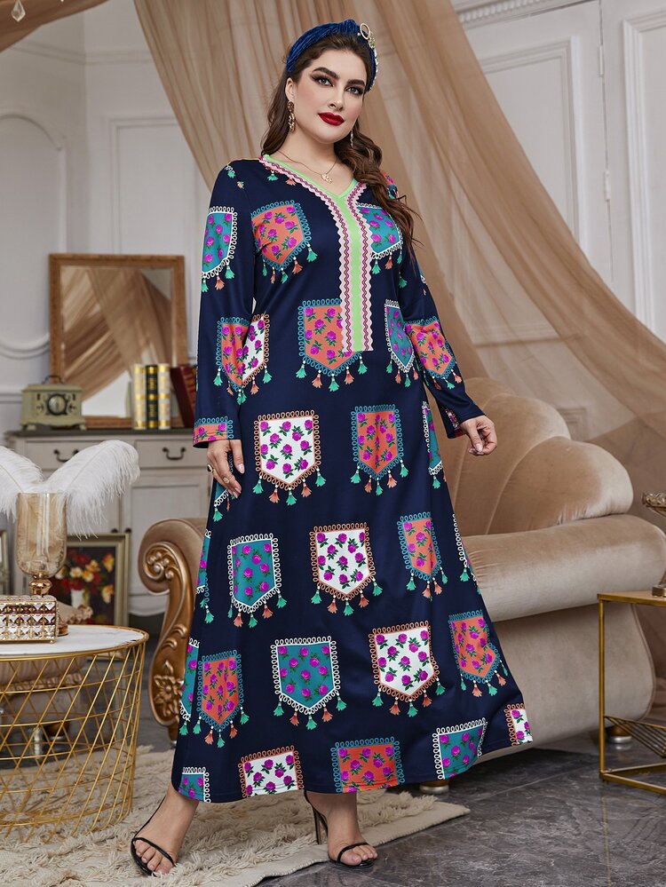 Plus Size Floral Print Contrast Tape Dress Kaftan Jalabiya Dress
