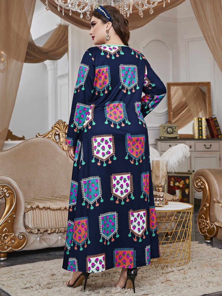 Plus Size Floral Print Contrast Tape Dress Kaftan Jalabiya Dress