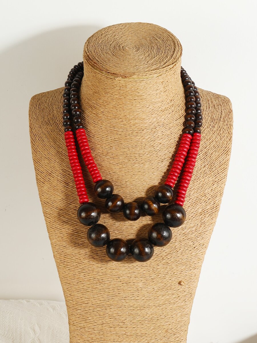 1pc Classic Handmade Wooden Bead Double-Layered Necklace, European And American Style (Randomly Sorted Color) - Multicolor - View 1