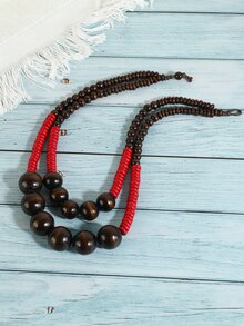 1pc Classic Handmade Wooden Bead Double-Layered Necklace, European And American Style (Randomly Sorted Color) - Multicolor - View 5