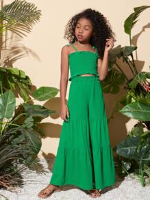 SHEIN Girls Shirred Frilled Cami Top & Ruffle Hem Wide Leg Trousers - Green - View 1