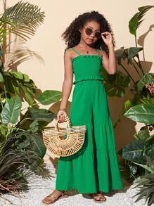 SHEIN Girls Shirred Frilled Cami Top & Ruffle Hem Wide Leg Trousers - Green - View 4