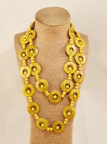 Wooden Round & Bead Decor Necklace - Yellow - View 1
