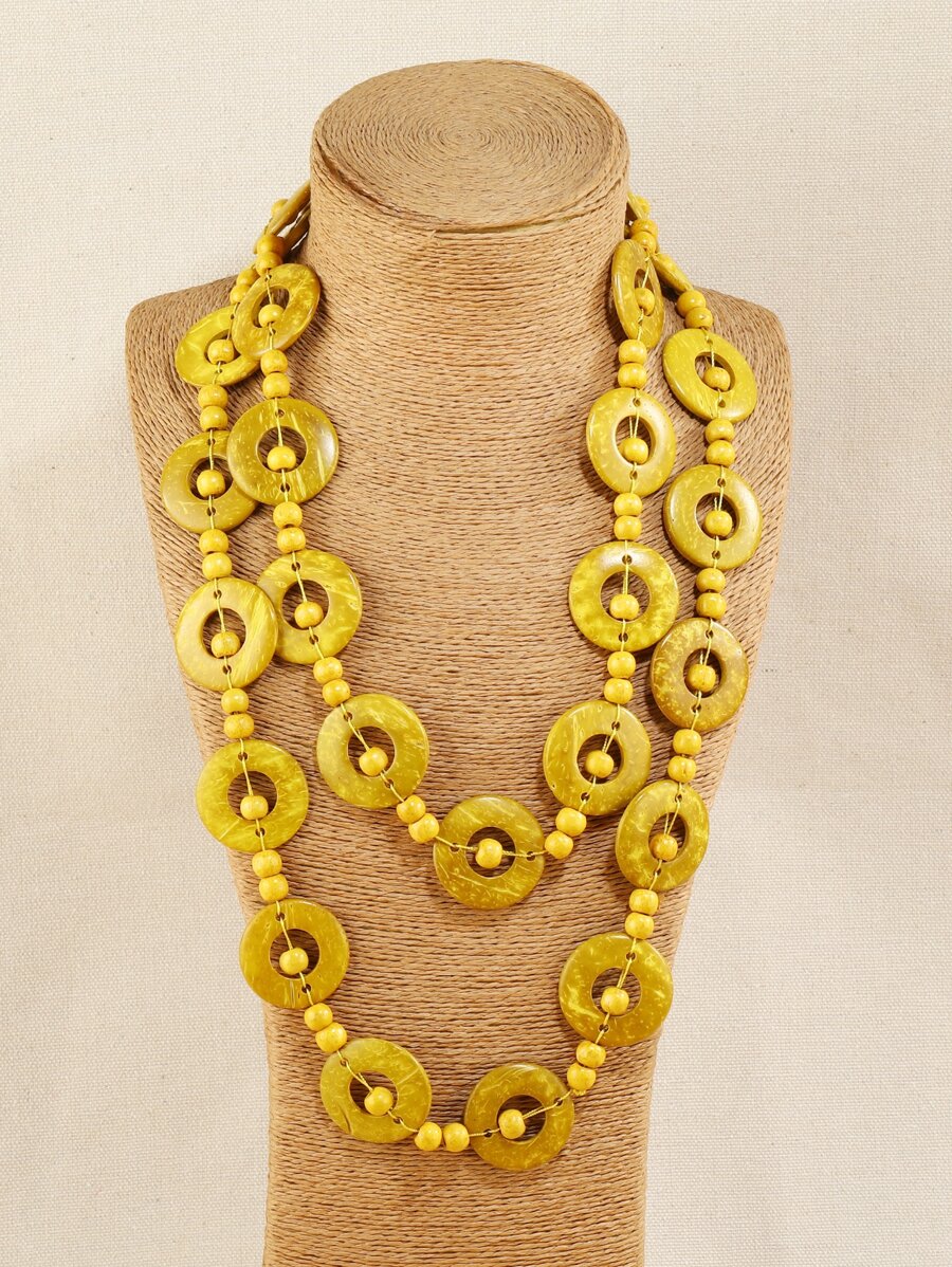 Wooden Round & Bead Decor Necklace - Yellow - View 1