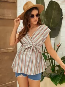SHEIN 孕婦條紋圖案自綁腰帶圍裹女士襯衫 - 彩色 - 查看 1