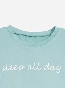 標語圖案T恤和前蝴蝶結長褲休閒服套裝 - 薄荷綠 - 查看 5