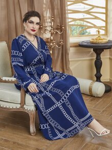 Modelyn Váy tay bồng in họa tiết xích cỡ lớn có thắt lưng - Màu xanh hải quân - Xem 1