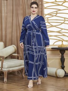 Modelyn Váy tay bồng in họa tiết xích cỡ lớn có thắt lưng - Màu xanh hải quân - Xem 5