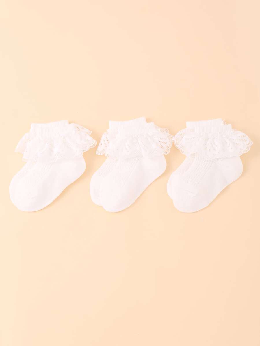3 Pairs Of Baby Spring And Summer Lace Socks For Girls Plain Mesh Breathable Lace Socks