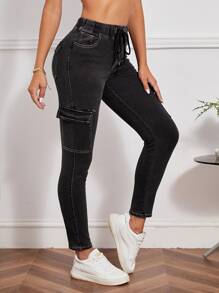 Drawstring Waist Flap Pocket Jeans - Dark Grey - View 1