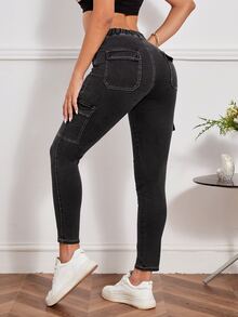 Drawstring Waist Flap Pocket Jeans - Dark Grey - View 2
