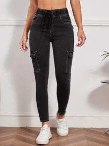 Drawstring Waist Flap Pocket Jeans - Dark Grey - View 4