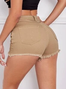 Shorts en mezclilla bajo crudo desgarro - Caqui - Ver 2