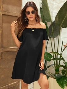 SHEIN Maternity Off Shoulder Frill Trim Dress - Black - View 1