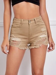 Shorts en mezclilla bajo crudo desgarro - Caqui - Ver 3