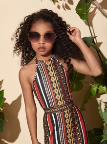 SHEIN Girls Geo Print Guipure Lace Insert Halter Neck Dress - Multicolor - View 3
