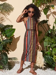 SHEIN Girls Geo Print Guipure Lace Insert Halter Neck Dress - Multicolor - View 5