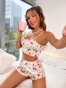 Floral Print Lettuce Trim Bow Front PJ Set - Multicolor - View 4