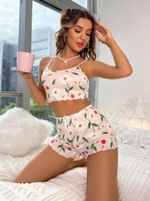 Floral Print Lettuce Trim Bow Front PJ Set - Multicolor - View 6