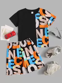 SHEIN 2pcs/Set Casual Sports "Young Boy" Letter Print T-Shirt And Shorts
