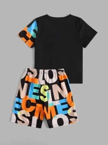 SHEIN 2pcs/Set Casual Sports "Young Boy" Letter Print T-Shirt And Shorts