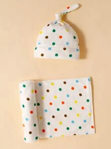1pc Baby Polka Dot Swaddling Blanket & 1pc Hat - Multicolor - View 1