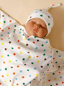 1pc Baby Polka Dot Swaddling Blanket & 1pc Hat - Multicolor - View 2