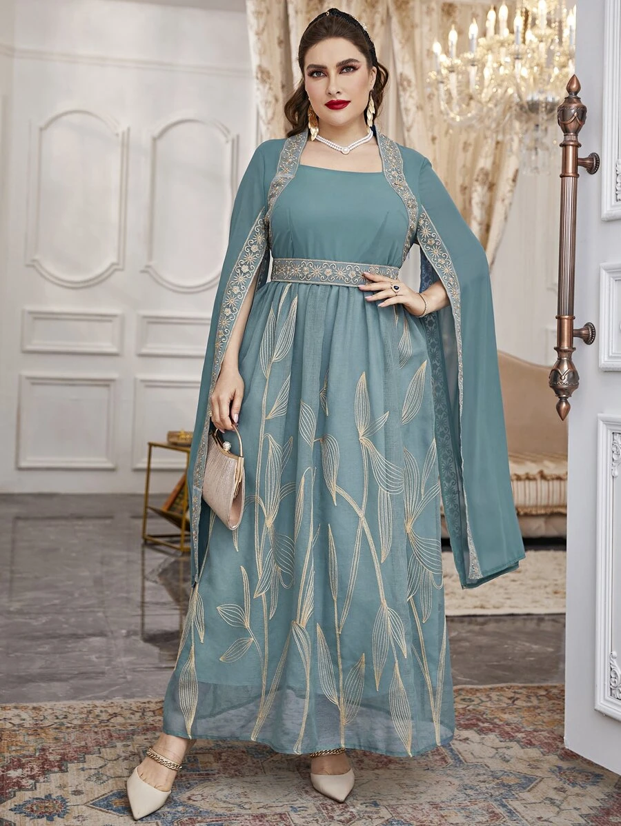 Al Najma 加大花朵刺绣撞色带开衩袖系带网眼连衣裙超长款女装