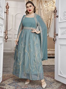 Al Najma 加大花朵刺绣撞色带开衩袖系带网眼连衣裙超长款女装