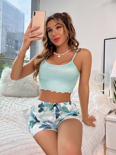 مقلم نمط نبات الخس صدرية كامي قصير و طباعة النقش عقدة الفراشة بنطلون قصير طقم بيجامة