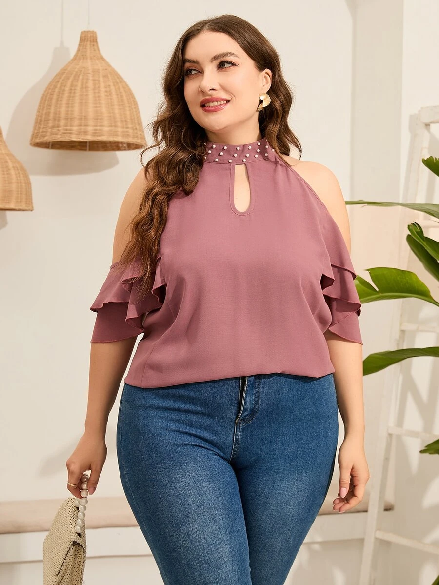 Blusa con cuenta de perla de cuello con abertura de ojo de hombros descubiertos - Rosa vieja - Ver 1