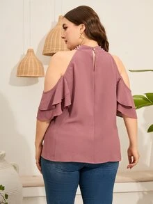 Blusa con cuenta de perla de cuello con abertura de ojo de hombros descubiertos - Rosa vieja - Ver 2
